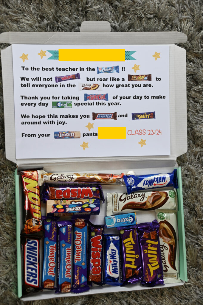 teacher gift candy box using Milky Way, Galaxy, Timeout, Snickers, Twirl and Smarties