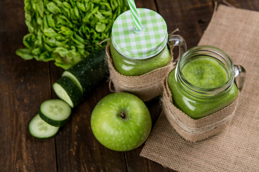 Sunlit kitchen smoothie preparation
